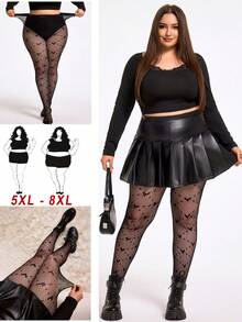 SHEIN CURVE+ CURVE PLUS /情人节/加大码女士爱心网纱透视打底裤，适合夜间外出、郊游、音乐节、情人节约会 - 黑色 - 查看 1