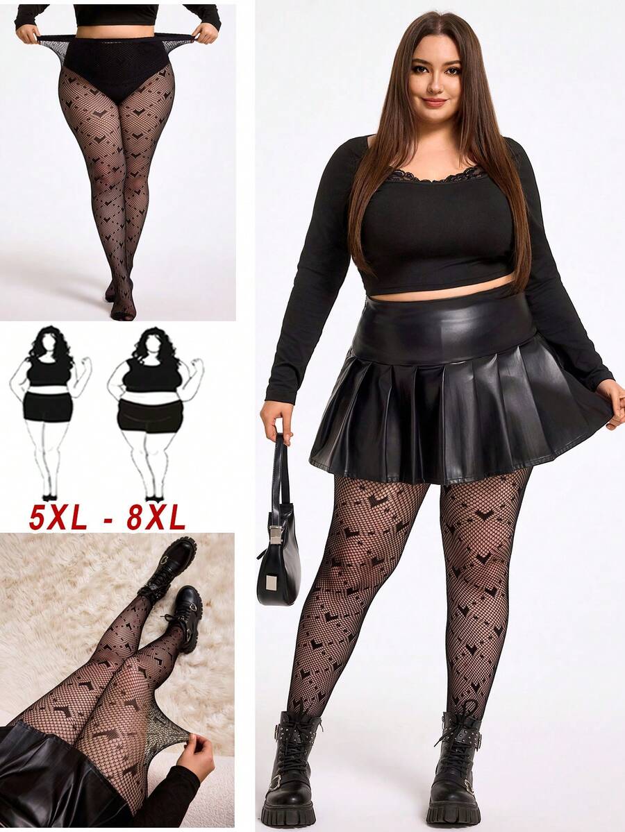 SHEIN CURVE+ CURVE PLUS /情人节/加大码女士爱心网纱透视打底裤，适合夜间外出、郊游、音乐节、情人节约会 - 黑色 - 查看 1