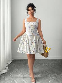 Elenzga 大码女式碎花方领无袖休闲连衣裙 - 彩色 - 查看 7