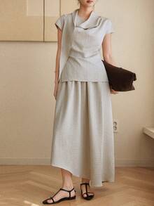 DAZY Women's Solid Color Cap Sleeve Shirt And Skirt Casual 2 Pieces Set Summer Lounge Sets For Women - Apricot - View 3