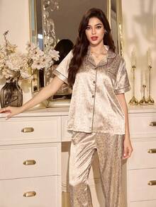 LuxeNights Faux Silk Leopard Print Cardigan Short Sleeve PJS For Women PJS For Women Silk Women Home Wear Sleepwear For Women Silk Luxury Pajama Women's PJSs - Gold - View 5