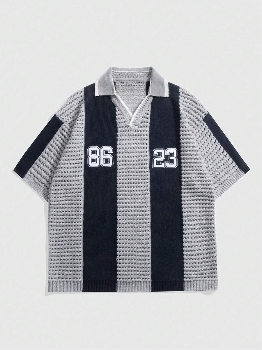 Aesthetic Post 男士数字图案短袖休闲镂空针织上衣