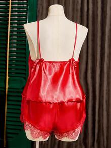 SHEIN Bow Tie Strap Sexy Camisole Top And Lace Trim Faux Silk Shorts Pajama Set - Red - View 8