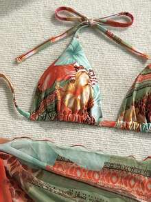 Soleia 大码女式印花露背系带裹身裙三件套沙滩装 - 彩色 - 查看 4