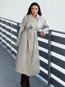 Durrani Popal Autumn And Winter Women's Casual High-Neck Button Belt Long Woolen Coat, Old Money Style Women's Clothing/Women's Office Wear/Outing Wear, Women's Autumn Clothing - Apricot - View 6