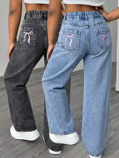 SHEIN 2pcs/Set Tween Girls Y2K Fashion Loose Fit Jeans, Bow Embroidery Pockets Design, Light Blue & Charcoal Gray Washed Wide Leg Denim Pants, Casual Versatile, Minimalist Style, Suitable For All Seasons, Fit For Home, Daily Wear, Dates, Shopping, Leisure Activities, Hangouts With Friends