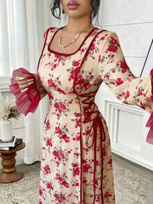 Yasmyna 女士印花方领喇叭袖腰带设计优雅阿拉伯连衣裙