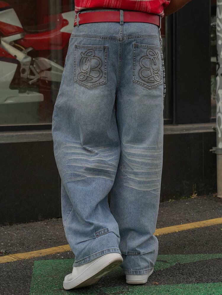 Men's Spring Letter Embroidered Washed Vintage Blue Jeans