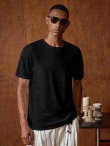 AKNOTIC Business Casual Bộ áo thun nam màu trơn tối giản cổ tròn tay ngắn màu đen, áo thun nam trơn, áo thun đen nam. - màu đen - Xem 3