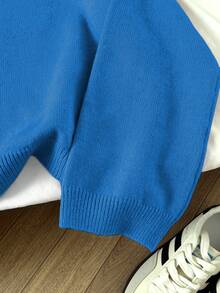 Elamini 女士纯色简约休闲圆领长袖套头毛衣 - 寶藍色 - 查看 4