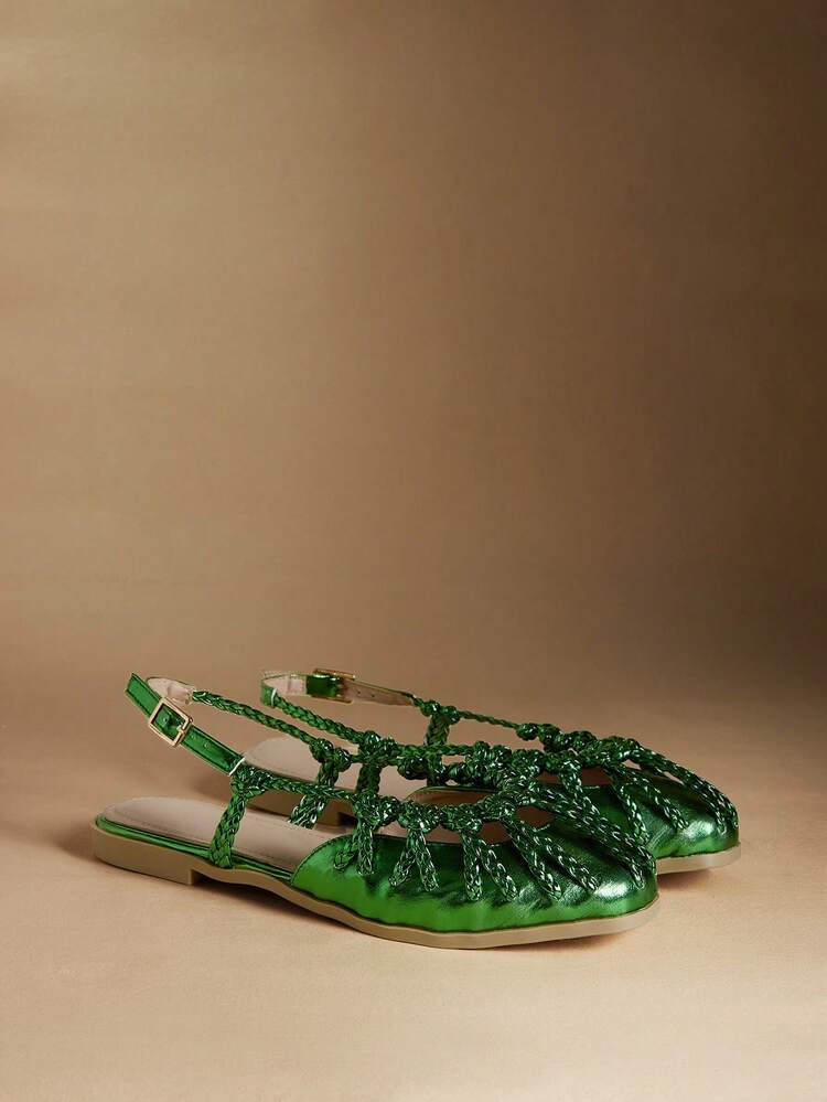 Rosivie Sandalias planas para mujer, zapatos planos con tiras trenzadas doradas y punta cerrada - Verde - Añade 3