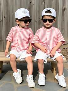 SHEIN 2pcs Young Boys Casual Comfortable Versatile Striped Mandarin Collar Short Sleeve Shirt And Shorts Set - Pink - View 7
