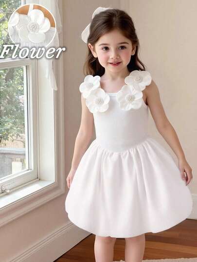 女童春夏简约设计连衣裙，正面饰有白色花卉图案，白色纯色罗纹针织面料无袖圆领连衣裙，可爱优雅的韩版风格，简约百搭，适合日常出行、度假、派对、节日等场合。