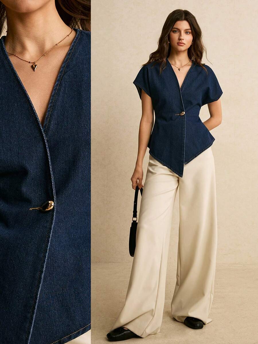 Poéselle 女士金属单扣蝙蝠袖不对称下摆休闲牛仔上衣 - 深色水洗藍 - 查看 1