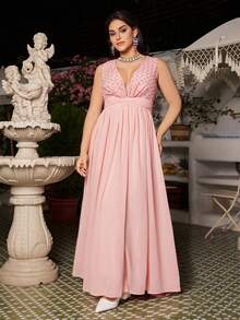 VOLUPTÉ CURVE Plus Size Summer Pink Rhinestone V-Neck Sleeveless High-Waist Floor-Length Gown For Wedding Guests, Parties, Going Out, Birthdays, Graduation - Pink - View 9