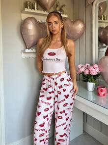 SHEIN EZwear Ensemble casual femme avec débardeur et short imprimés léopard, cœur et nœud papillon - Rouge - Voir 7