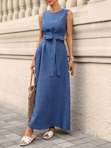 Editum Women's Sleeveless Round Neck Waist Cinched Textured Denim Blue Belted A-Line Elegant Everyday Casual Dress, Spring/Summer Spring Dress Women Features A Belted Waist, Pockets, Solid Blue Textured Fabric, And Is A Long Spring/Summer Dress. - Blue - View 11