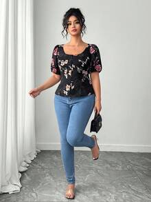 Elenzga Blusa romántica de manga corta con cuello cuadrado, estampado floral elegante y de moda para mujer de talla grande, primavera/verano - Negro - Ver 7