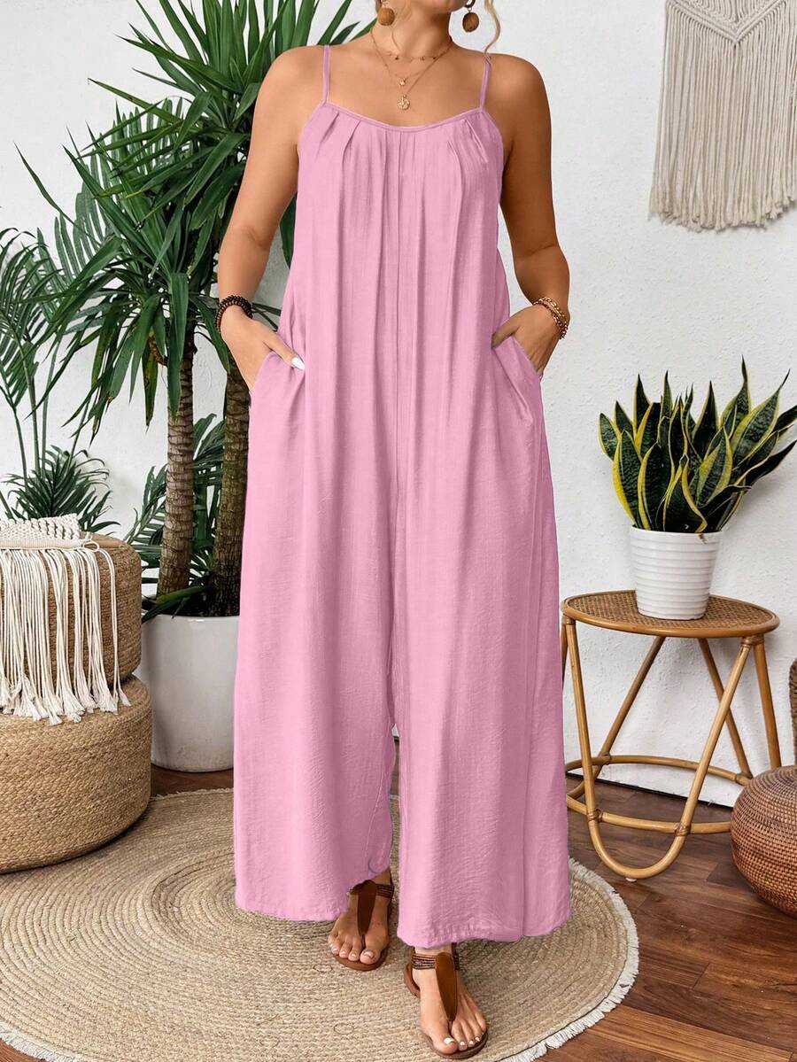 SHEIN Clasi Plus Size Casual Pink Spaghetti Strap Wide-Leg Jumpsuit Lightweight, Linen-Like Fabric Relaxed Fit With Wide Legs And Front Pockets - Pink - View 1