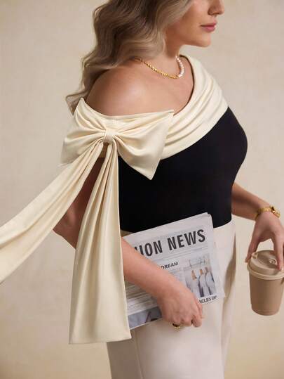 Elegantrix Plus Size Women's Two Pieces Contrast Color Bow Tie Tight Elegant Outfit For Home, Outing, Commuting, Shopping, Spring/Summer