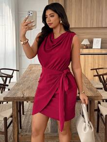 Weeklong Plus Size Solid Color Minimalist Sleeveless Casual Dress - Burgundy - View 6