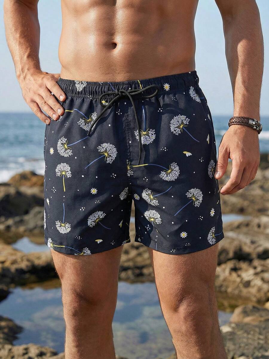 Manfinity Swimmode Men's Dandelion Print Drawstring Waist Beach Shorts - Multicolor - View 1