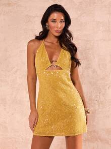 Glamine Đầm nữ màu trơn đính sequin, trang trí kim loại, khoét rỗng, kiểu dáng gợi cảm, cổ yếm, thích hợp cho các dịp tiệc tùng. - gừng - Xem 5