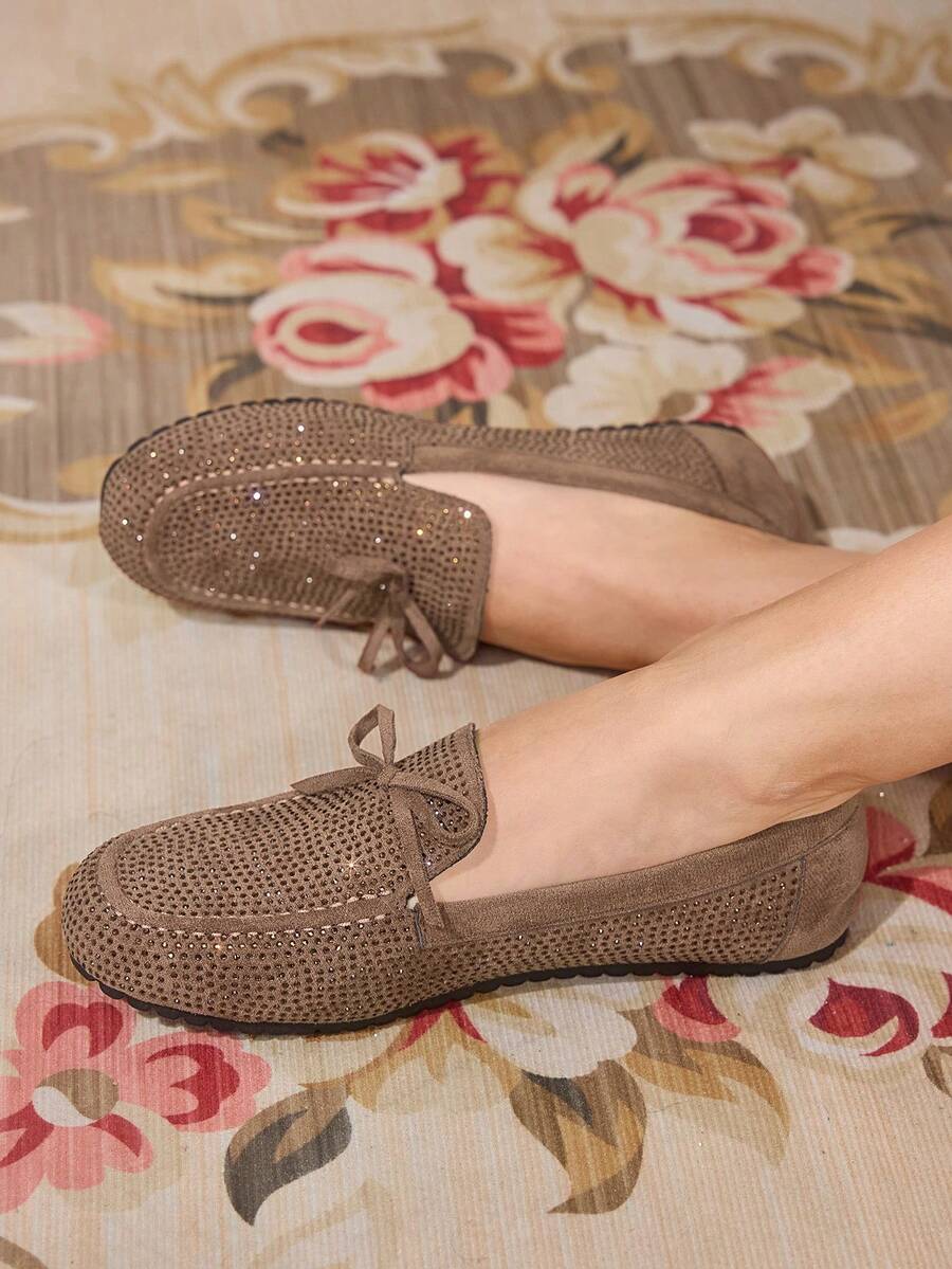 CUCCOO TILAWA Women's Rhinestone Bow Decor Casual Flat Loafers Valentine's Day - Coffee Brown - View 1