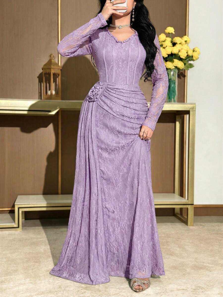 Modelyn Women's Elegant Solid Color Lace 3D Floral Decor Mid-Length Dress - Dusty Purple - View 1