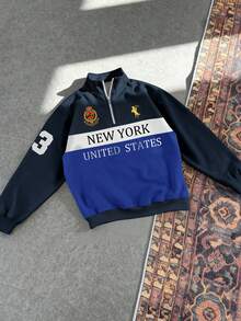 Aesthetic Post 复古美式风格，蓝黑撞色，Polo字母和徽章，马匹标志印花男士秋冬通勤半拉链套头衫 - 彩色 - 查看 4