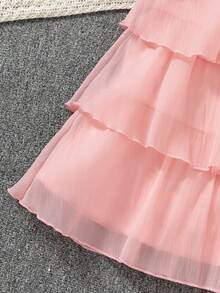 SHEIN Girls' Casual Black Contrast Collar Waist Knit Dress - Pink - View 7