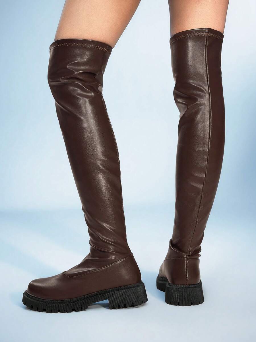 Sugerpunk Women's PU Leather Fashionable Over-The-Knee Boots, Versatile For Daily Wear Valentine's Day - Brown - View 1