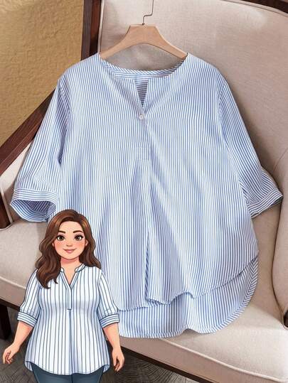 Rusticease 大码女式条纹V领宽松休闲衬衫