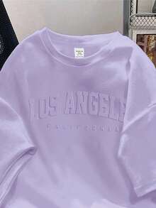 SHEIN EZwear Áo thun nữ dáng rộng, phong cách tối giản, cổ tròn, tay ngắn, in chữ tiếng Anh nổi bật. - Màu tím hoa cà - Xem 5
