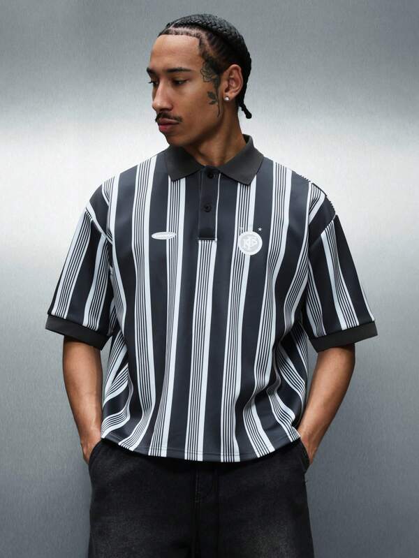 PLAYBOY X SUMWON Regular Fit Vertical Striped Collared Polo Shirt With Button Placket Short Sleeve Classic Summer Casual Lightweight Top