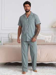 DAZY Conjunto de pijama de camisa de manga corta y pantalones cortos de color azul sólido para hombres, primavera/verano - Azul - Ver 4