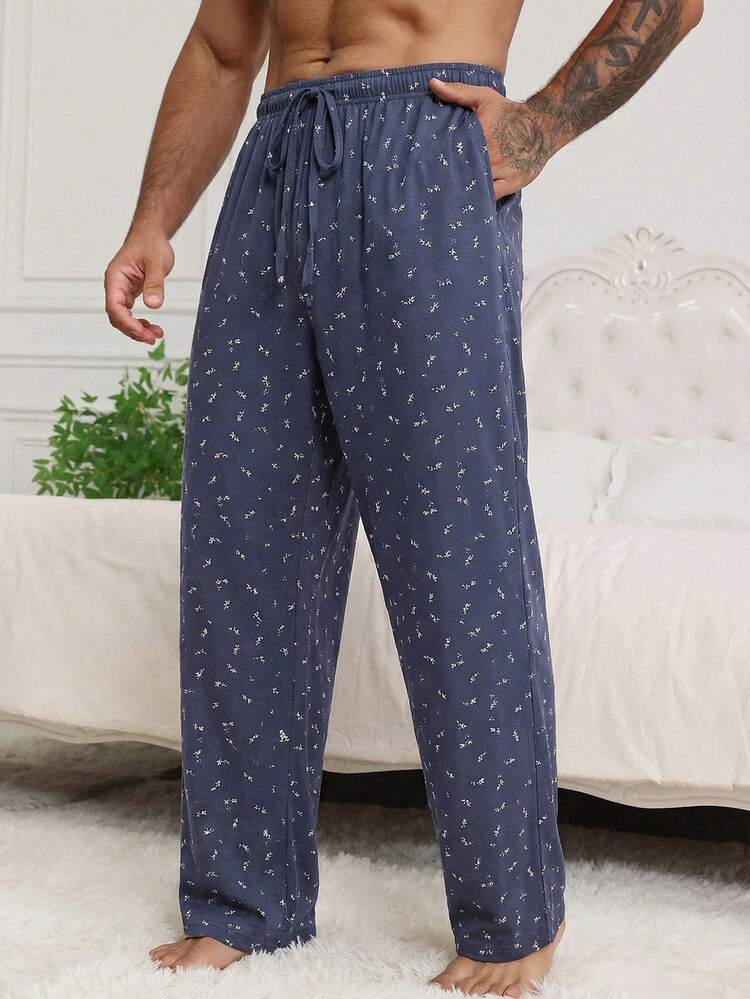 Men's Blue Floral Loose Waist Long Pants, Spring/Summer Loungewear