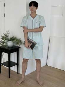 DAZY Conjunto de pijama de camisa de manga corta y pantalones cortos de verano para hombre - Verde - Ver 4