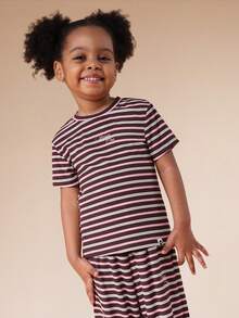 SUMWON Girls Ribbed Striped Short Sleeve T-Shirt And Wide Leg Pants Matching Co-Ord Set With Crew Neck Top Casual Vacation - Coffee Brown - View 3