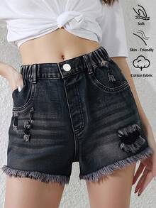 少女破洞牛仔短裤，轻盈夏季新品，水洗黑色，街头时尚，休闲百搭，个性设计，简约百搭，毛边裤脚，松紧腰带，舒适棉质牛仔面料，适合日常、派对、上学、通勤等各种场合，春夏新款 - 黑色 - 查看 8