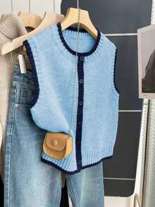 Franclia 法式复古宽松圆领无袖撞色滚边女士毛衣背心，适合秋冬季穿着 - 藍色 - 查看 3