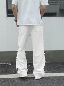 Manfinity ZONE917 Men's Solid Color Frayed Edge Slant Pocket Casual Versatile Jeans - White - View 2