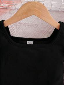 SHEIN 女童纯色翻领泡泡袖连体裤 - 黑色 - 查看 3