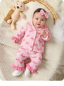 طقم بيجامة طويلة الأكمام للرضع البنات الصغيرات، بتصميم كاجوال محبوك بألوان متباينة وفيونكة - متعدد الألوان - مشاهدة 1