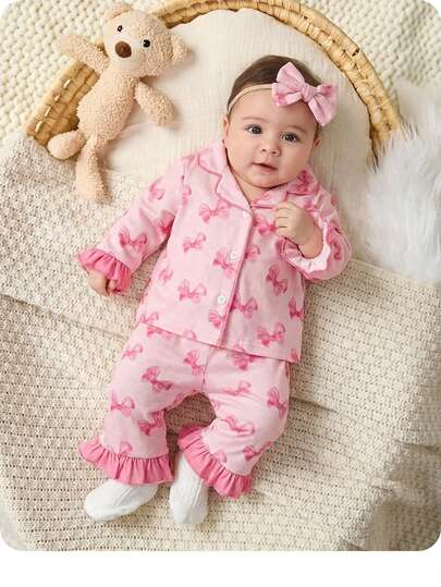 新生女宝宝可爱休闲针织撞色蝴蝶结长袖睡衣套装
