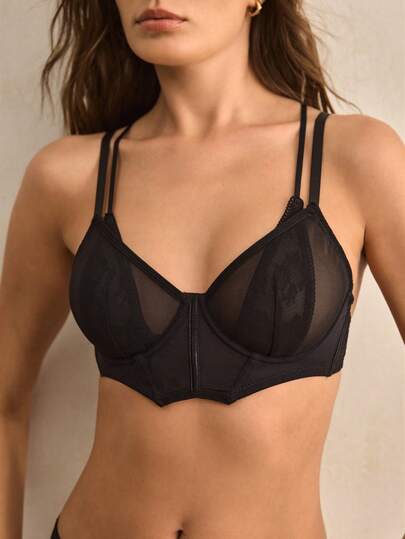 Charlaine 1 buc sutien sexy din dantelă și plasă tip patchwork pentru femei