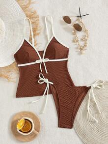 Swim Mod Women's Spring/Summer Beach Music Festival Textured Fabric V-Neck Knot Tie Cute Style Tankini Set - Coffee Brown - View 3