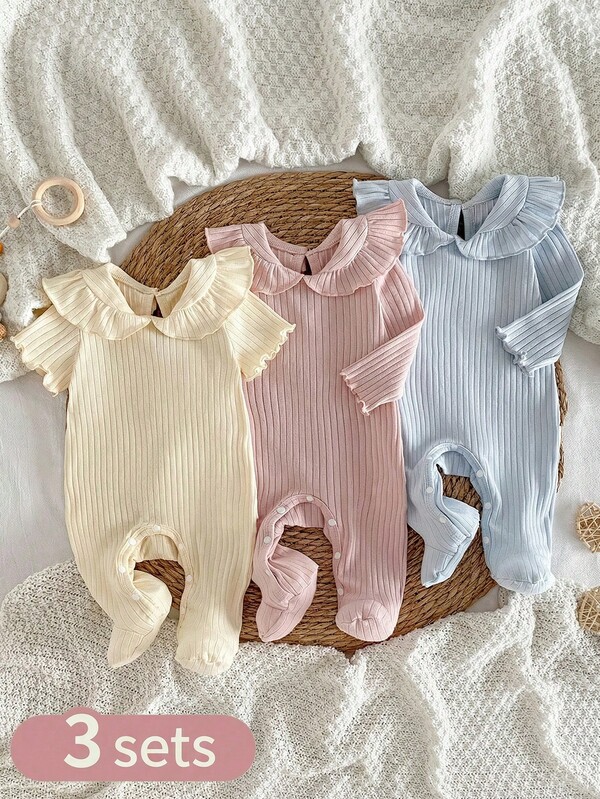 SHEIN Newborn Pajamas Set, Blue/Pink/Yellow Jumpsuit, Long/Short Sleeve, Ruffle Collar, Pure Cotton, Ribbed, Comfortable & Soft, Suitable For Spring, Summer, Autumn, Boys & Girls Neutral Baby Clothes Gender Neutral Spring Newborn Clothes Baby Knit Jumpsuit Baby Clothes Unisex