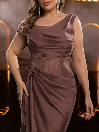 Glamrae Plus Size Elegant Romantic Minimalist Distressed Khaki Asymmetric Neckline Draped Semi-Sheer High Slit Mermaid Hem Formal Evening Gown