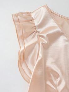 GlowEve 女士缎面绉纱短袖V领修身优雅休闲通勤法式复古百搭商务度假香槟色短袖上衣/衬衫早春/春夏新款 - 香檳色 - 查看 6